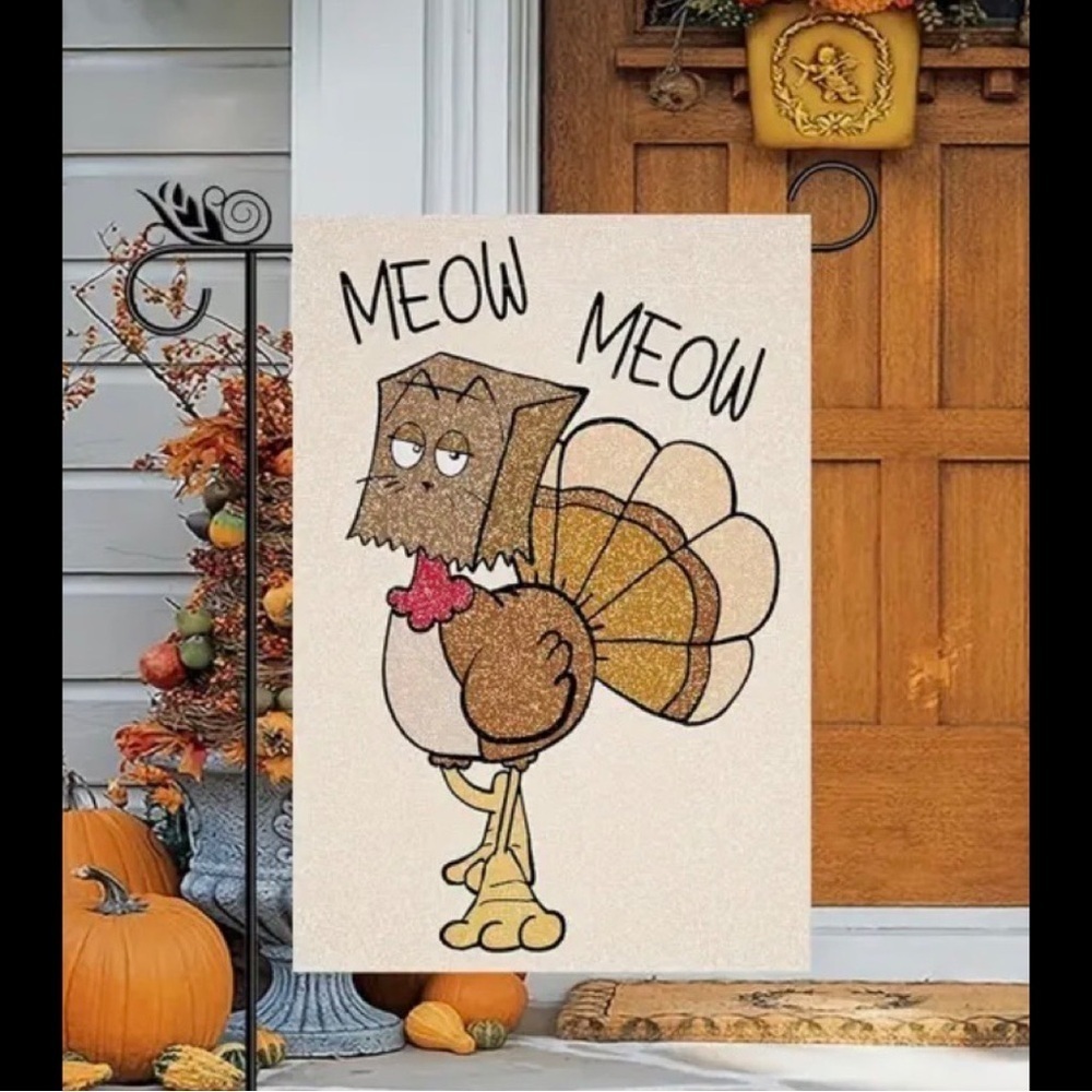 Thanksgiving Garden Flag Turkey Kitty Cat Welcome Home Fall Autumn Decor Meow